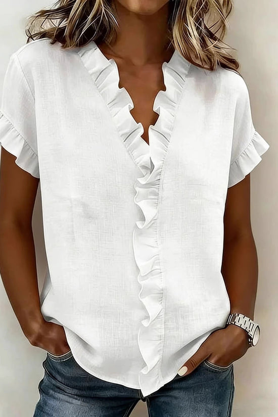 Women's V-neck Ruffled-edge Fashionable Solid-color Short-sleeve 