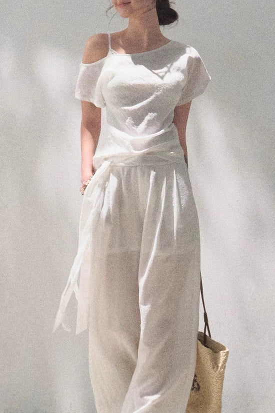 Linen Off-shoulder Short-sleeve Shirt Casual Set 