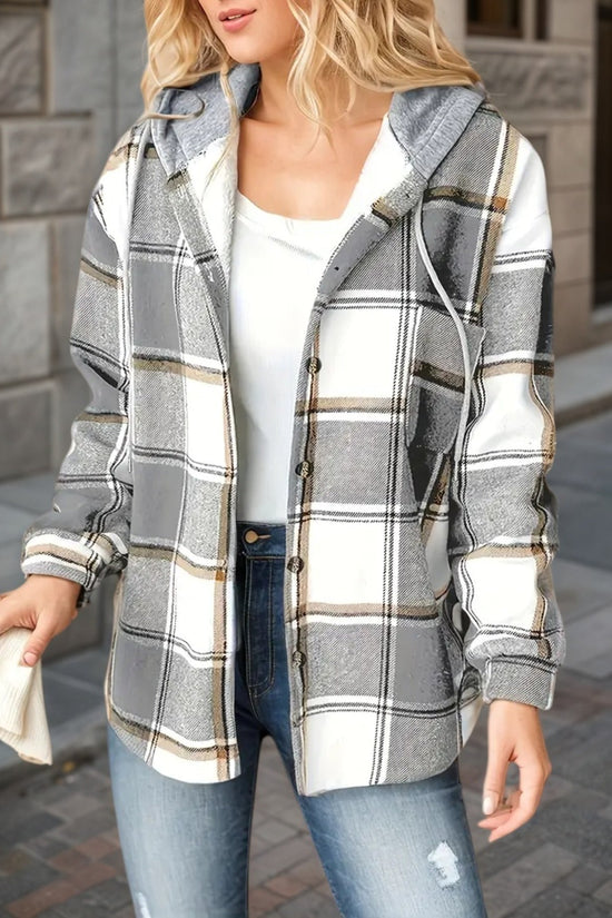 New Plaid Pattern Long Sleeved Hook And Loop Wool Lined Hooded Jacket For Warmth, Women's Plaid Hooded Drawstring Jacket, Single Breasted Closure, Comfortable And Casual CJ US