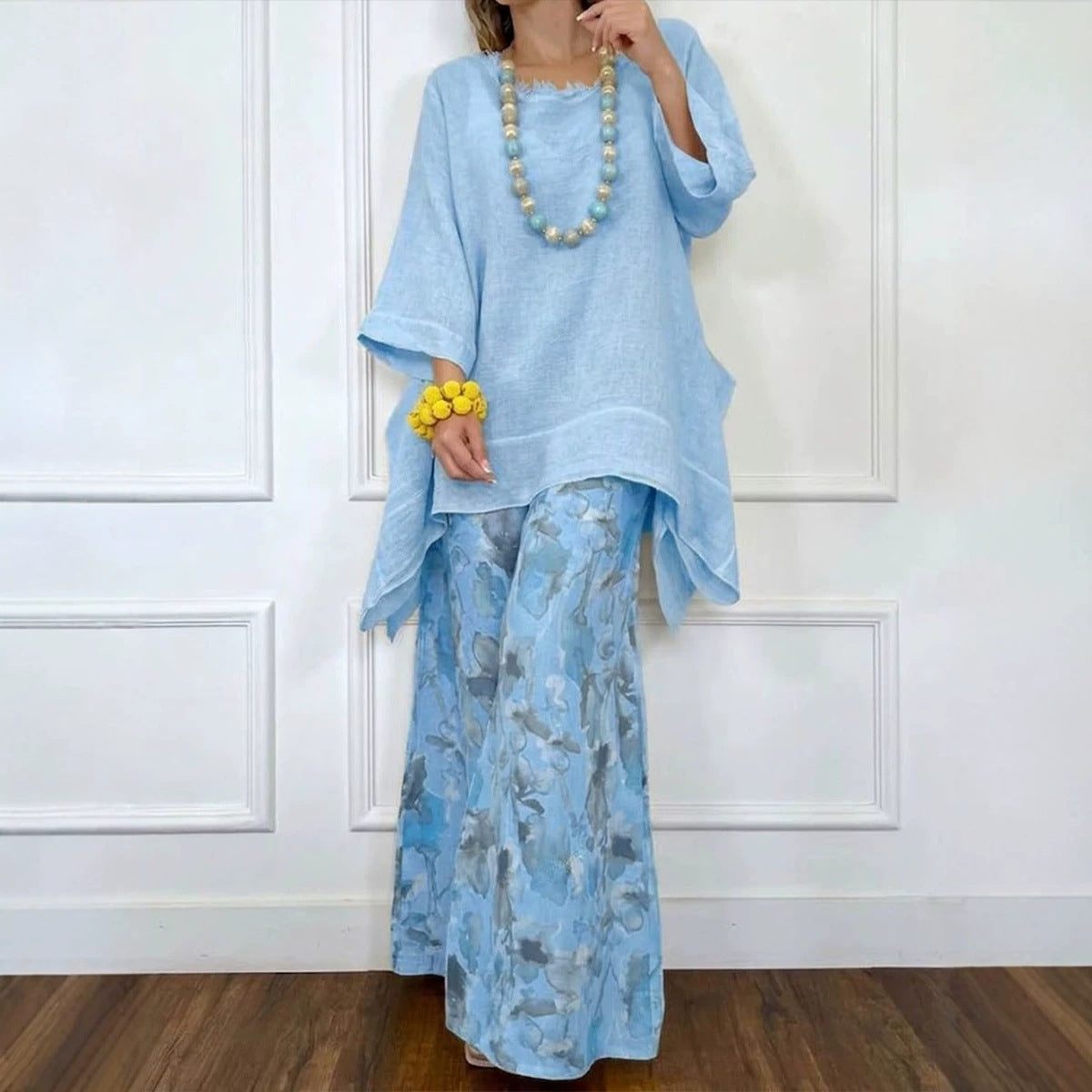 Womens Casual Cotton-Linen Irregular Top And Wide-Leg Pants Set 