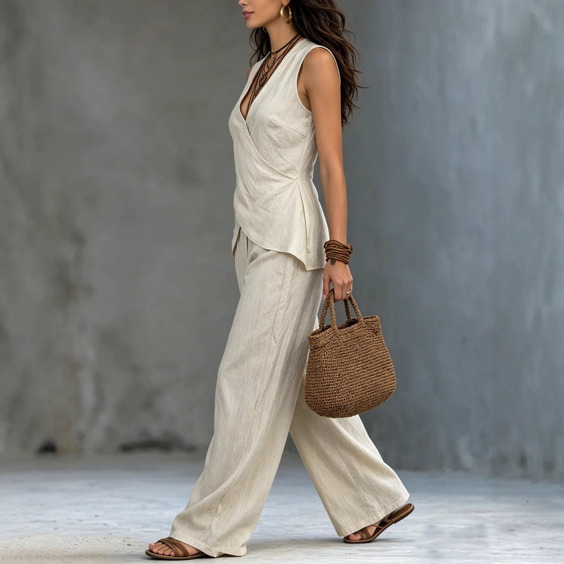 Sleeveless V-neck waist cinched top paired with wide leg pants set 