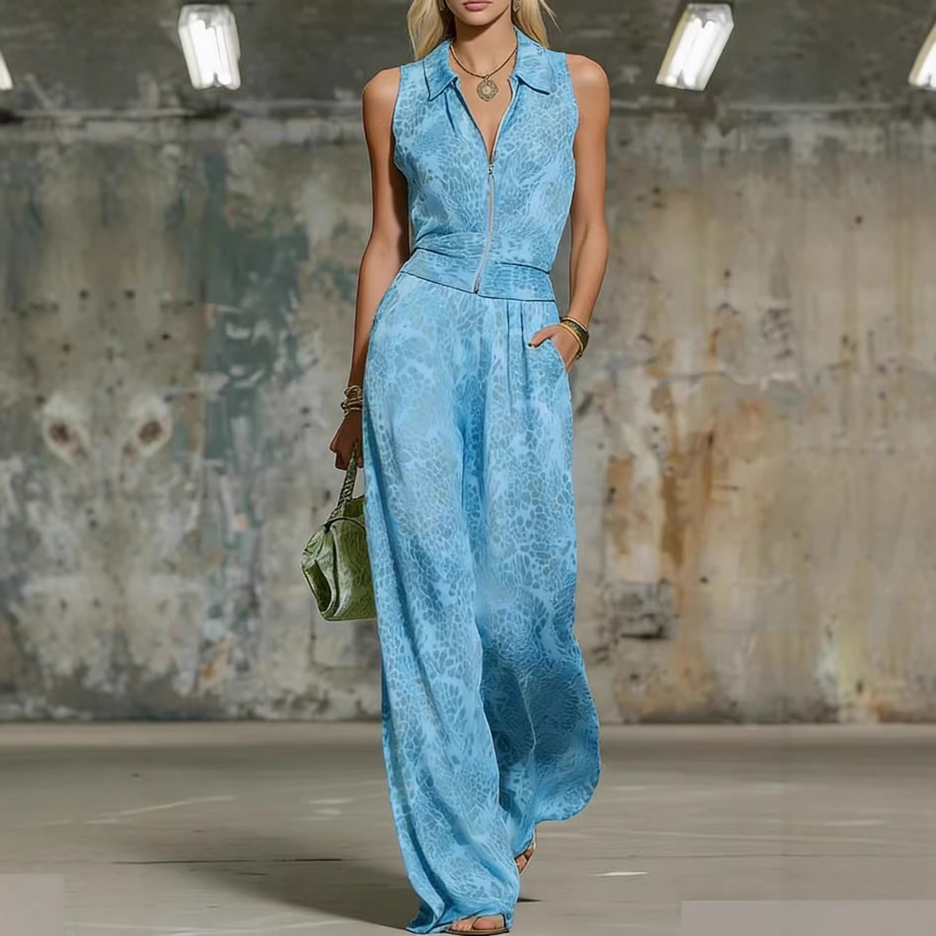 Printed Zip-up Sleeveless Jumpsuit 