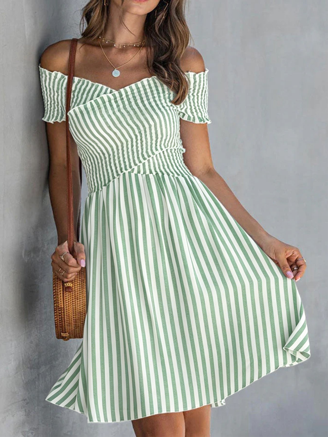 Off-the-shoulder Striped Waist-cinching Dress European And American Style 