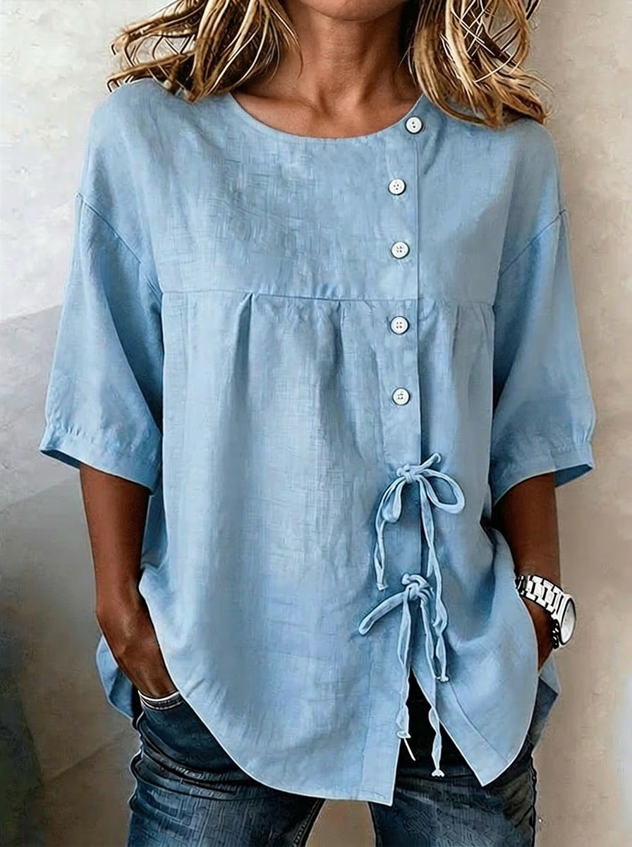 Lace-up Button New Solid-color Shirt 