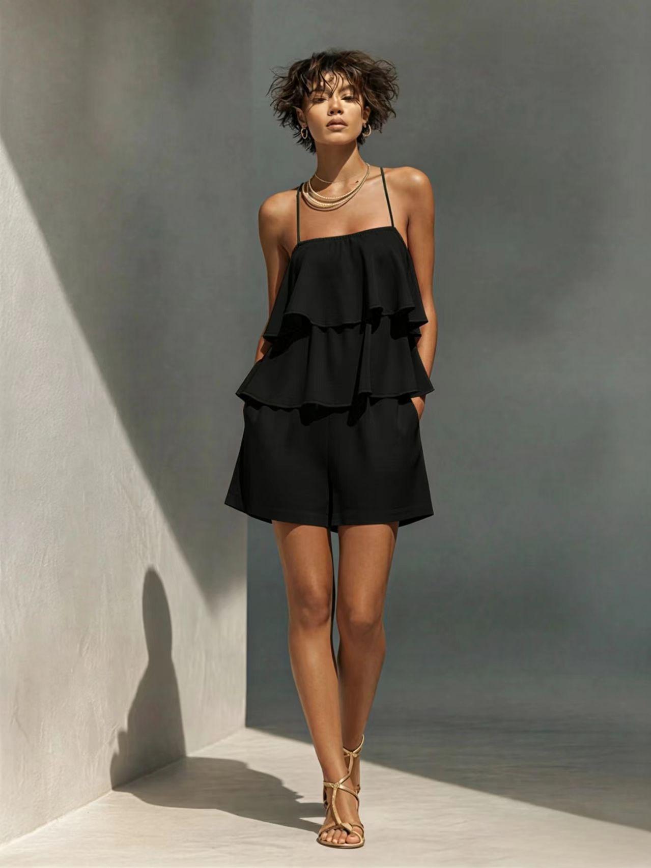 Multi-layer Ruffle Loose Camisole And Shorts Set 