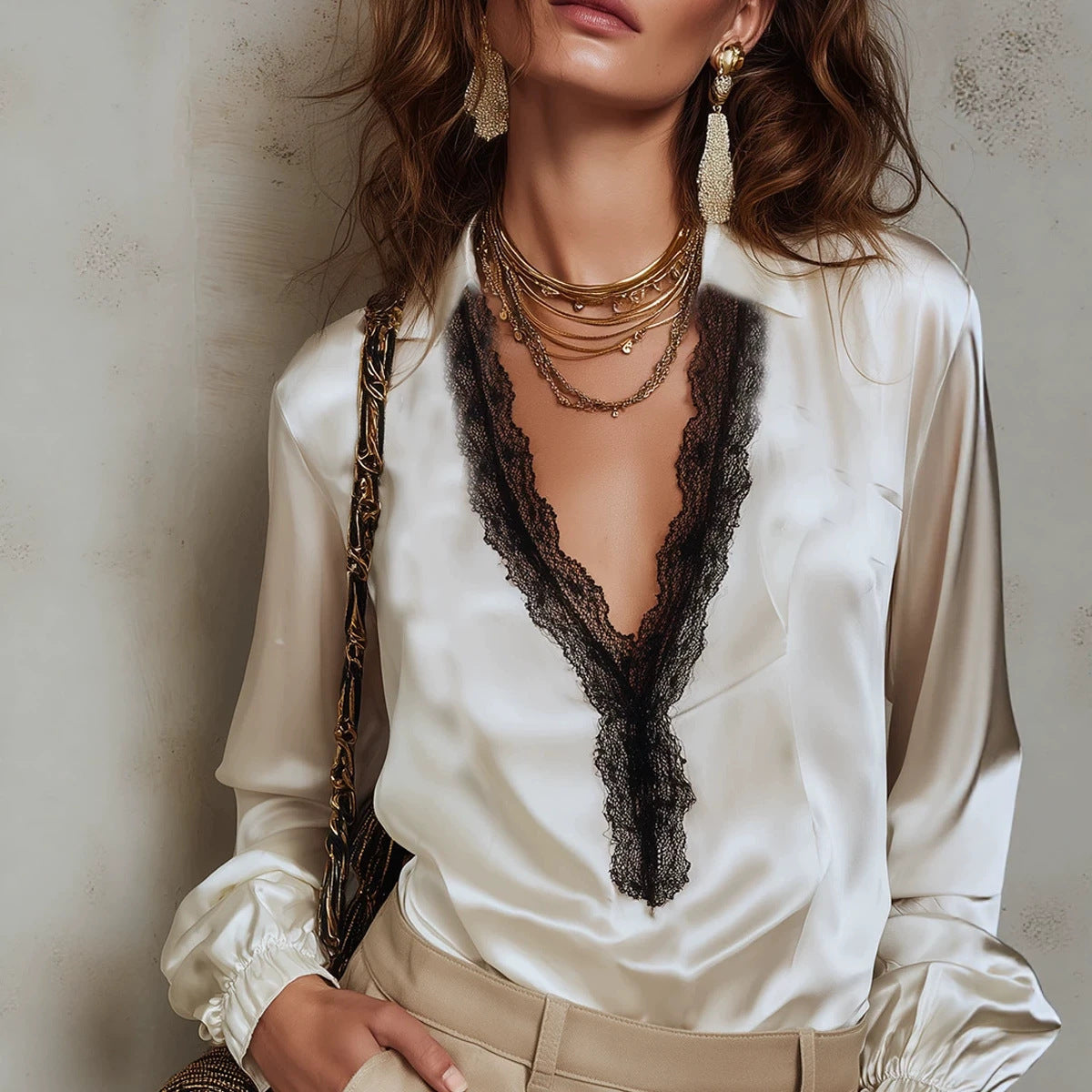 V-neck shirt women's contrasting black lace patchwork lantern long sleeved top 