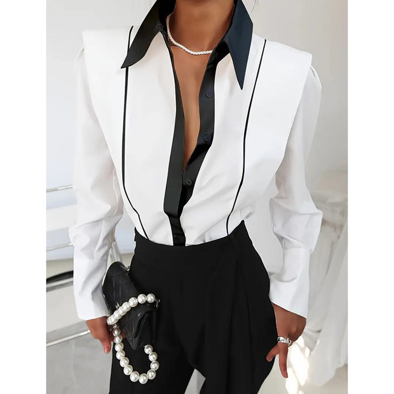 Women's Black & White Colorblock Button Down Shirt, Elegant Long Sleeve Collared Blouse, Office Work Tops CJ US