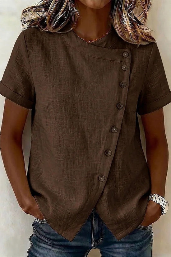 New Solid-Color Cross-Neckline Short-Sleeve Loose Cotton-Linen Asymmetrical Top 