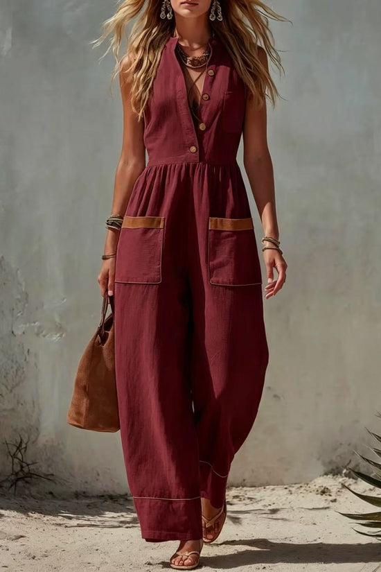 Womens Sleeveless Casual Loose Cotton-Linen Wide-Leg Jumpsuit 