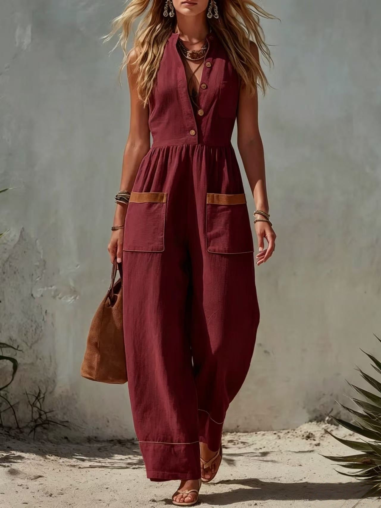 Womens Sleeveless Casual Loose Cotton-Linen Wide-Leg Jumpsuit 