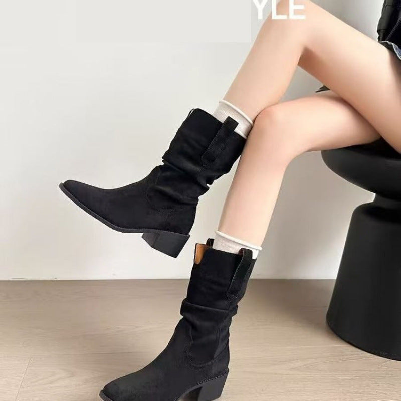 Autumn Western Pleated Short Single Women's Pile Style Boots Diversi Fashion™
