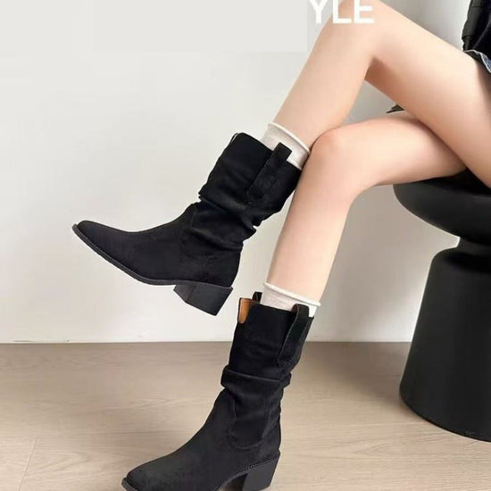 Autumn Western Pleated Short Single Women's Pile Style Boots Diversi Fashion™