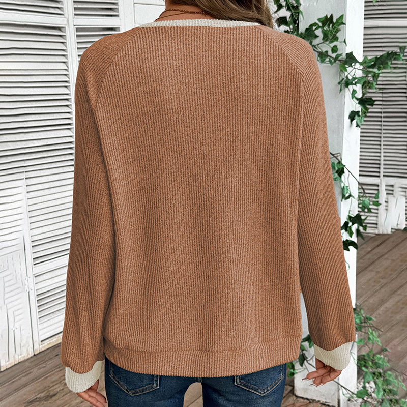 Women's Color Block Pullover - Spring Fall V-Neck Long Sleeve Casual Loose Top 