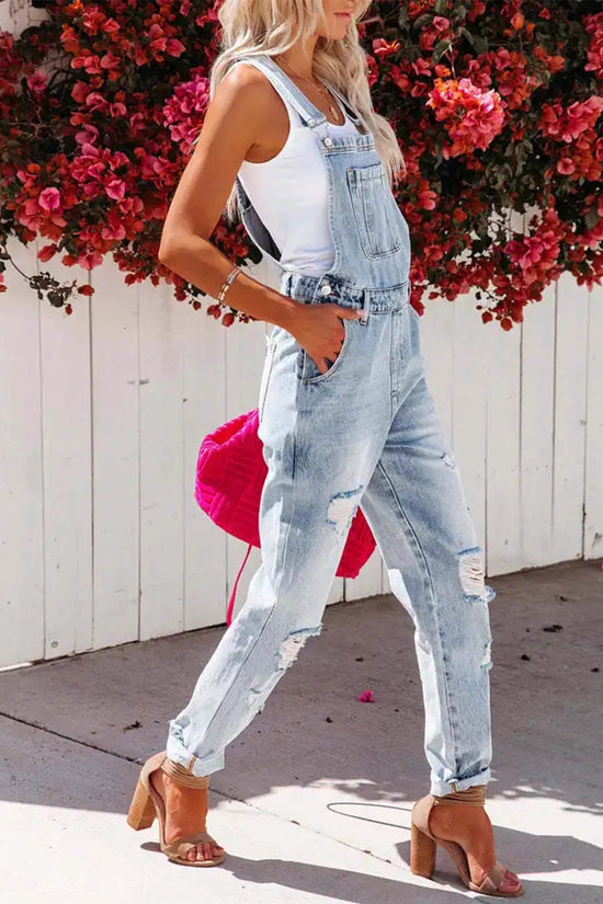 Cropped Blue Denim Overalls for Women with Ripped Details Casual FashionStrap Design, Perfect for Everyday Wear 