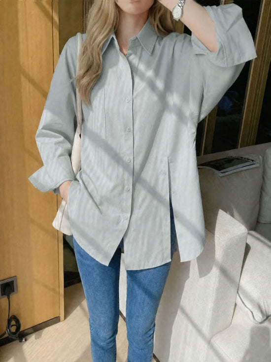 New women's solid color long sleeved shirt with button side slit 
