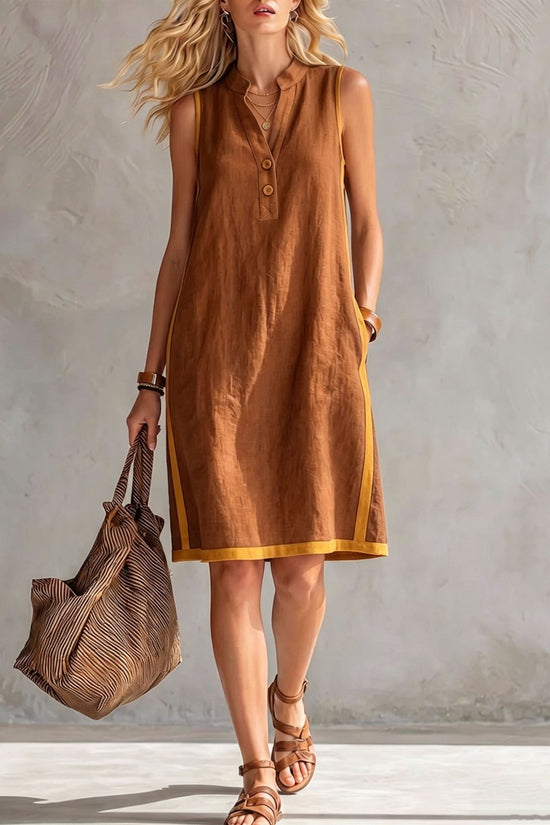 Sleeveless V-neck Pocketed Button Casual Dress 