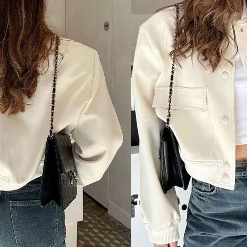 Women's Solid Color Long Sleeve Baseball Jacket With Button Front & Pockets - Casual Short Jacket For Spring&Fall Diversi Fashion™