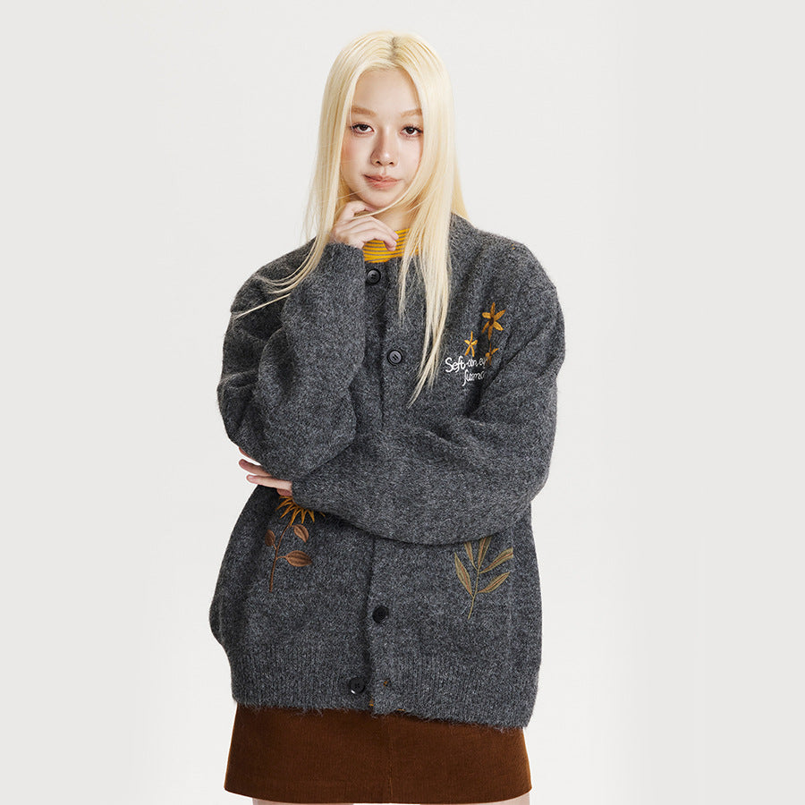 Retro Preppy Style Floral Embroidery Cardigan Sweater 