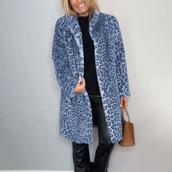Women's Leopard Print Plush Jacket, Cozy Loose-Fit Warm Coat Elegant Medium-Length Fall Winter Outwear CJ US