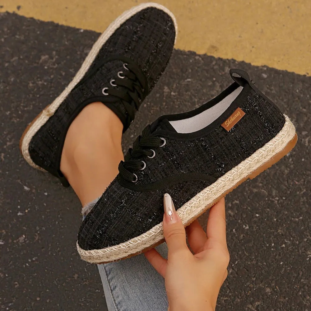Lace Up Round Toe Flats Tweed Sneakers 