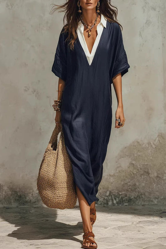 Cross-Border Casual Lazy-Style V-Neck Loose Cropped-Sleeve Dress Linen Texture Relaxed Vacation-Ready 