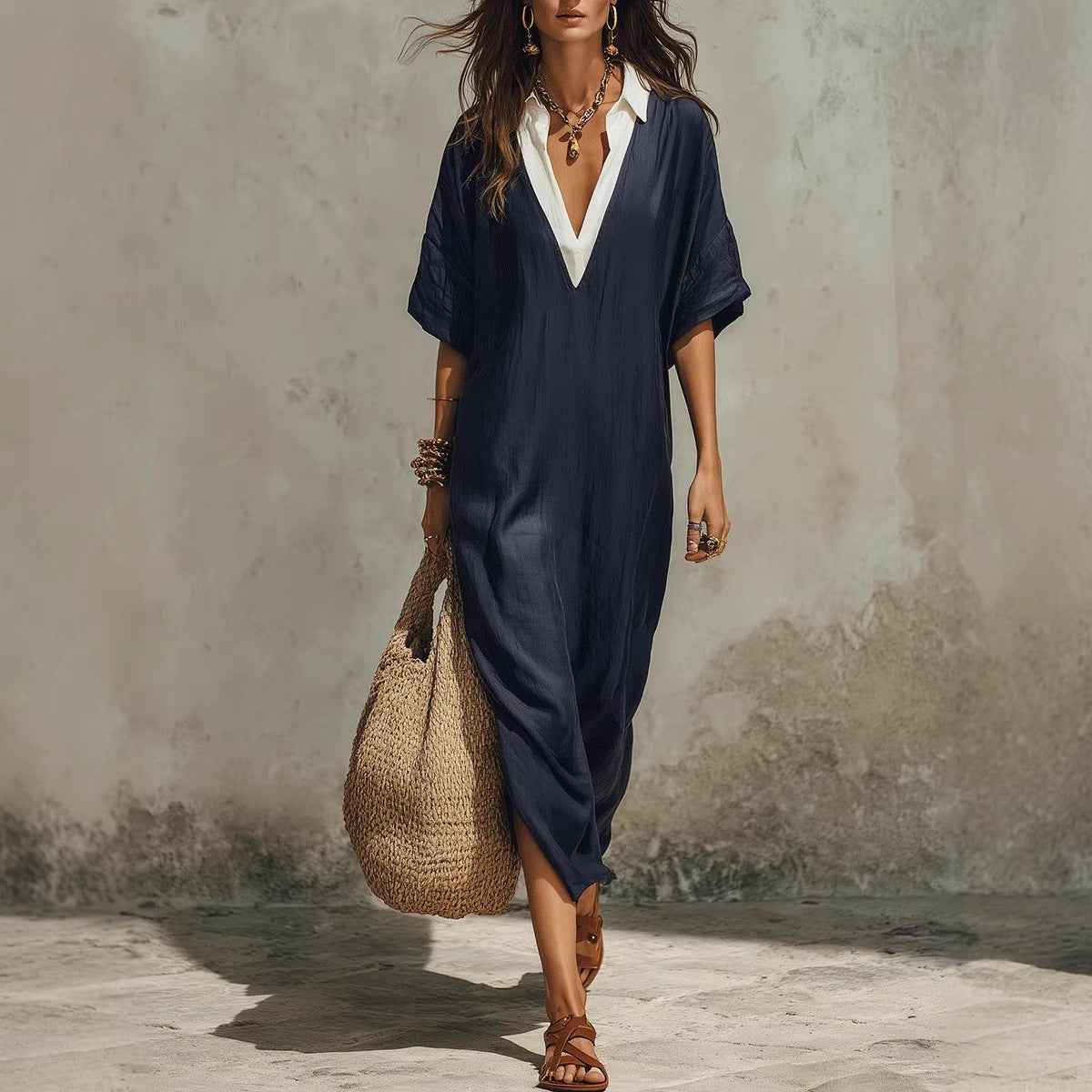 Cross-Border Casual Lazy-Style V-Neck Loose Cropped-Sleeve Dress Linen Texture Relaxed Vacation-Ready 