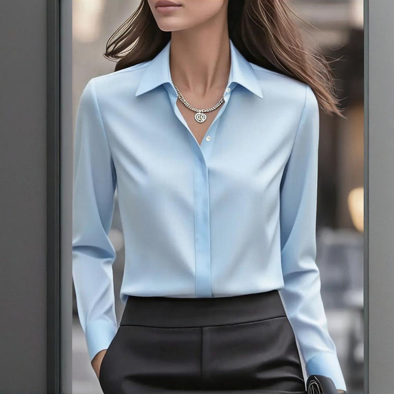 Women's Long Sleeve Satin Blouse, V Neck Loose Fit Tunic Top For Business Casual Office Fall CJ US