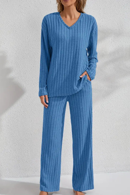 Ribbed Long-Sleeve Top And Pants Casual Comfortable Womens Loungewear Set 