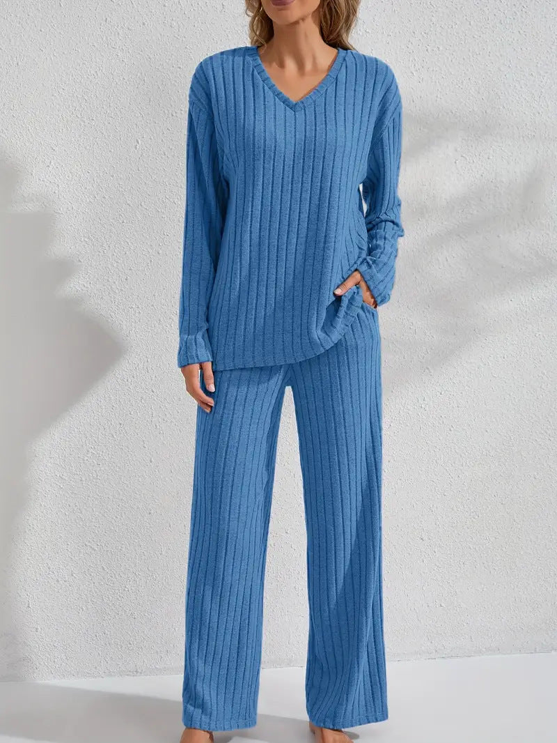 Ribbed Long-Sleeve Top And Pants Casual Comfortable Womens Loungewear Set 