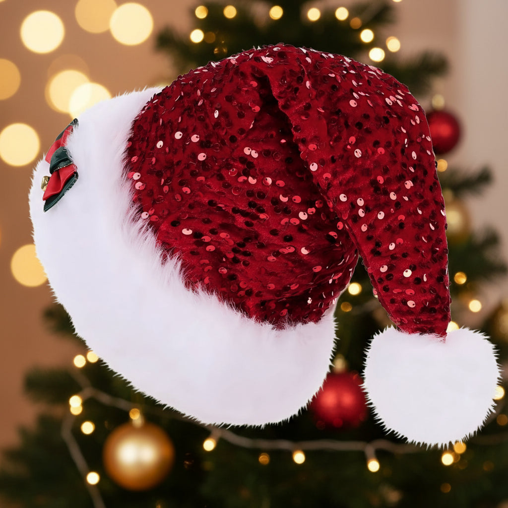 Christmas Hat Red Paillette Bowknot Plush Decorative Hat CJ