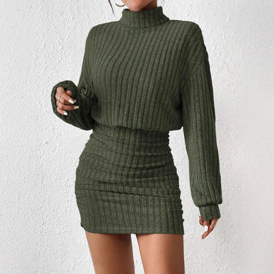 Hip hugging long sleeved high neck striped knitted sexy dress 
