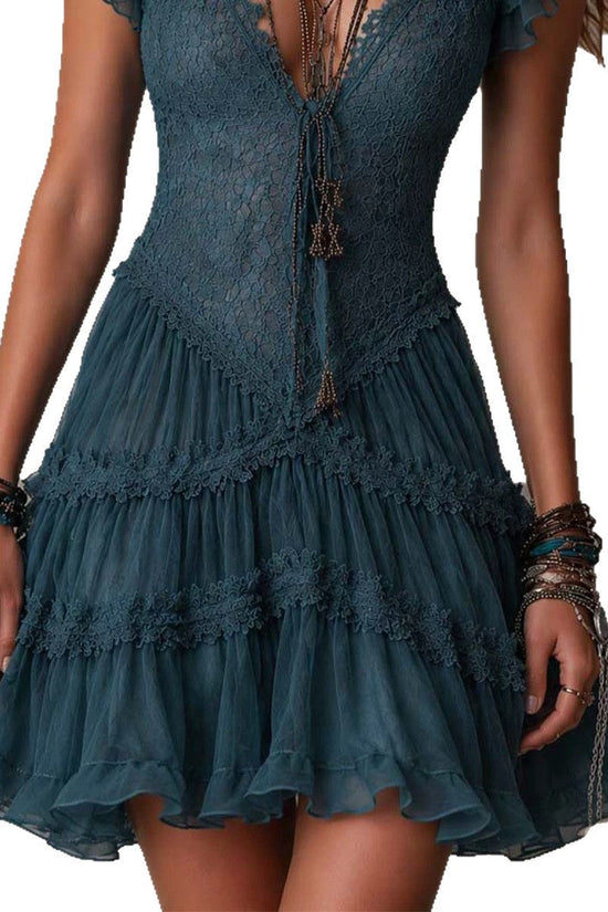Lace Flutter Sleeve Dress for Women, Fitted Waist with Tie Strap, Layered Tulle Cake Mini Skirt 