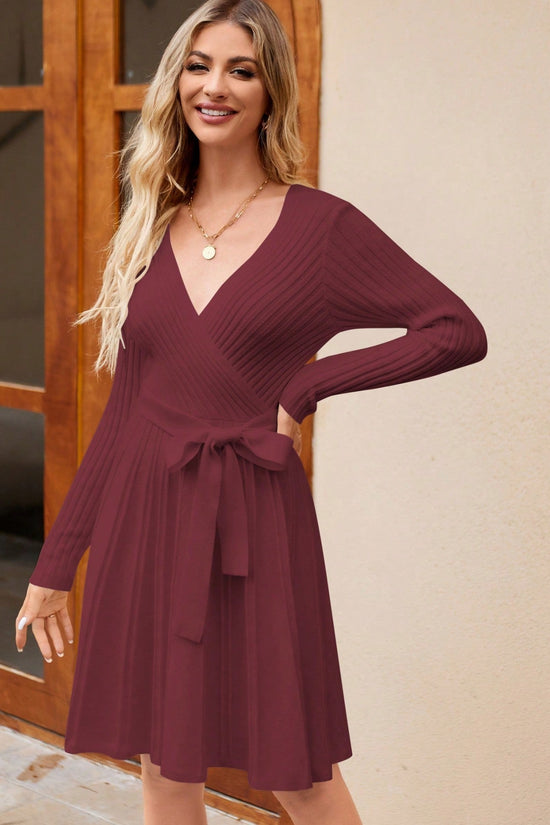 Women's Wrap A-Line Knit Dress Long Sleeve CJ US