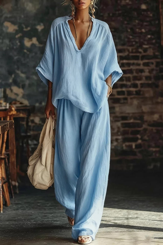 Womens V-neck Loose Short-Sleeve Casual Pants Two-Piece Set 