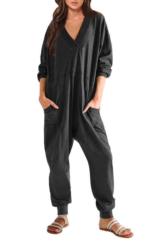 Women's V-neck Long Sleeve Solid Color Loose Jumpsuit With Two Side Pockets 