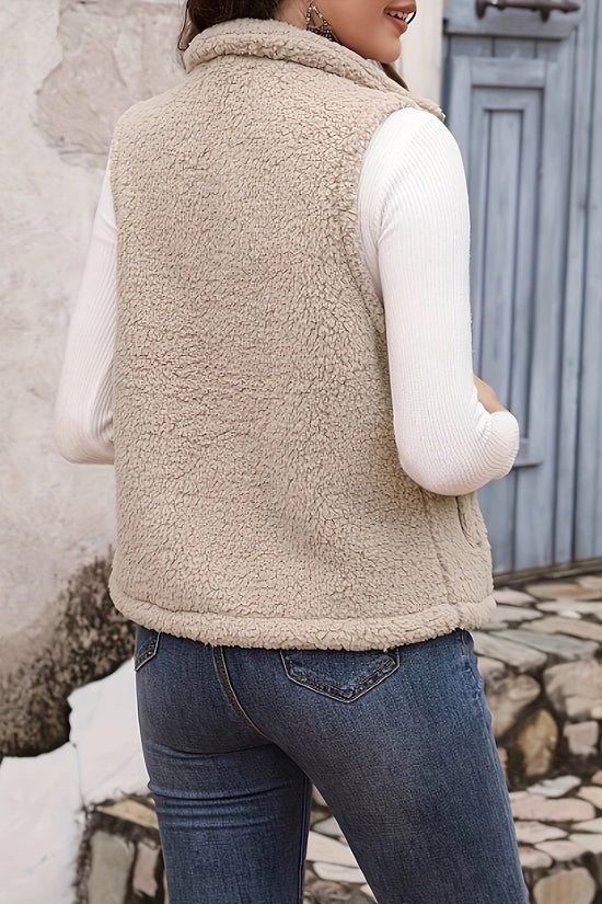 Plush Stand-up Collar Sleeveless Zippered Lightweight Vest With Pockets For Comfort 