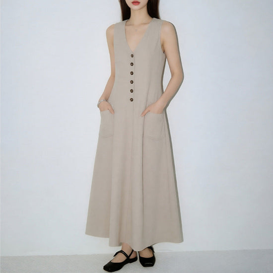Women's Stylish & Elegant Solid-Color V-Neck Button-Up Dress 