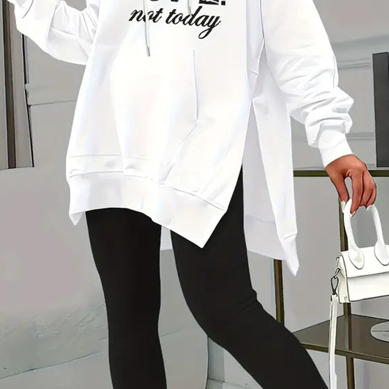 Women's Casual 2-Piece Set Solid Color Leggings & Letter Print Pocket Drawstring Hooded Sweatshirt With Split Hem Spring Fall Fashion Outfit CJ US
