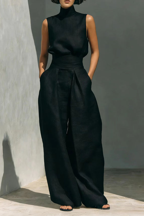 Women’s Cotton Linen Two-Piece Set – Sleeveless Top & Wide-Leg Pants 