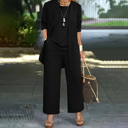 Women's Plus Size Casual 3-Piece Set Open Front Cardigan Sleeveless Vest Pants Solid Color Lounge Set CJ US