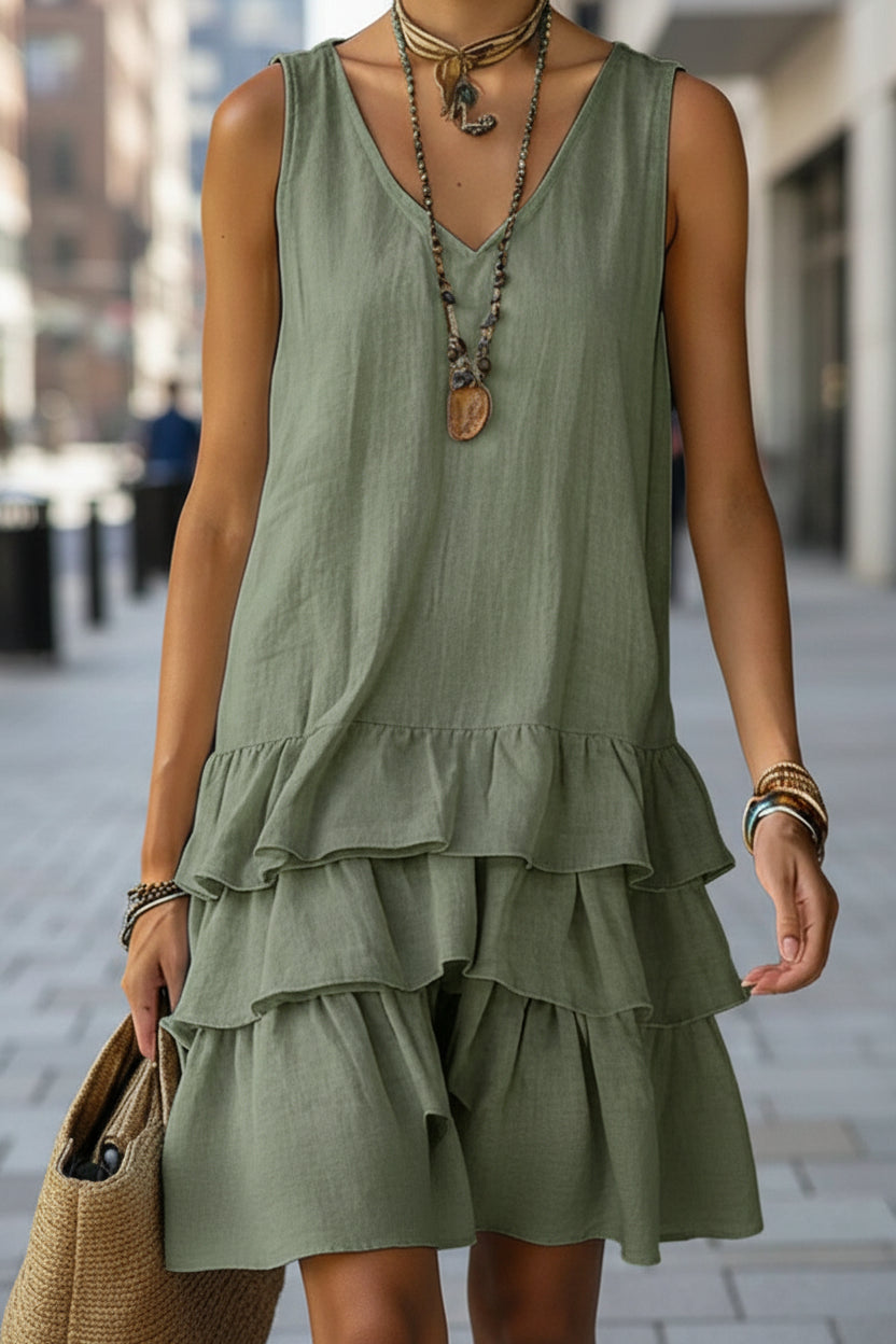 V-neck Cotton-linen Womens Fashionable Sleeveless Dress 