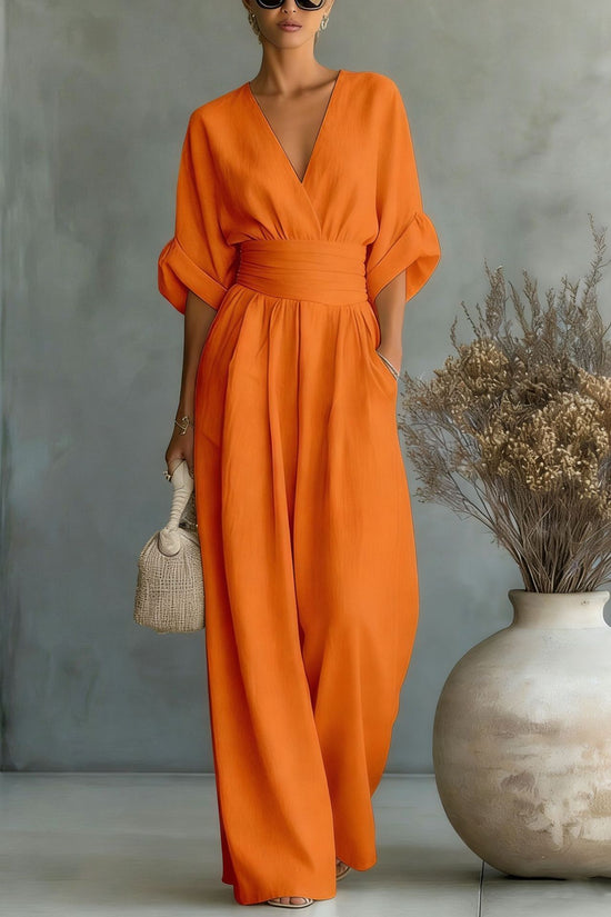 Summer Short-sleeved Jumpsuit Fashion Casual V-Neck Wide-Leg Pants Womens Clothing 