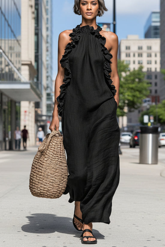 Resort-style Ruffled Halterneck Sleeveless Dress Loose-fitting And Figure-flattering Maxi Skirt 