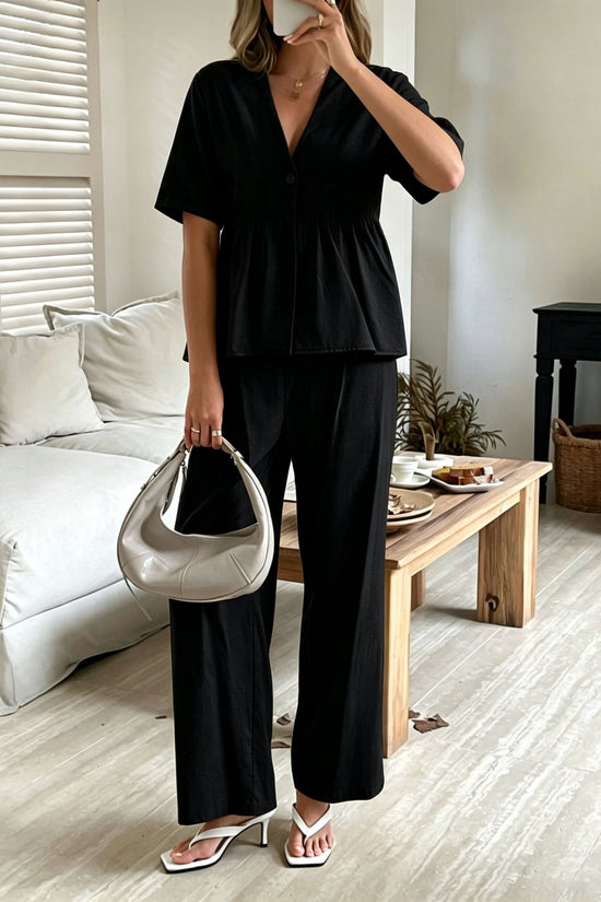 V-neck Loose-fit Short-sleeve Top And Wide-leg Pants Two-piece Set 
