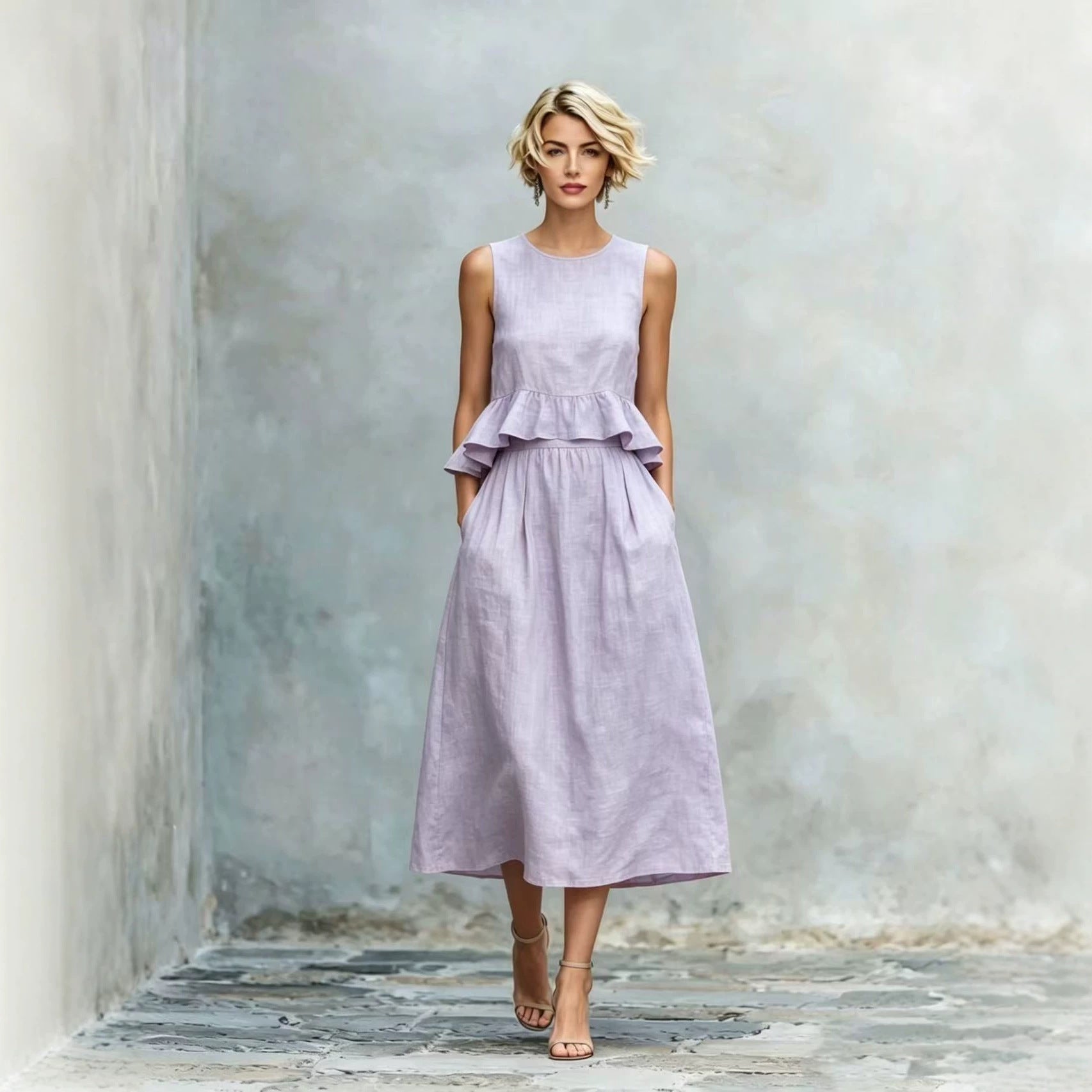 Sleeveless Crew-Neck High-Waisted Ruffle-Trim Resort-Style Dress 