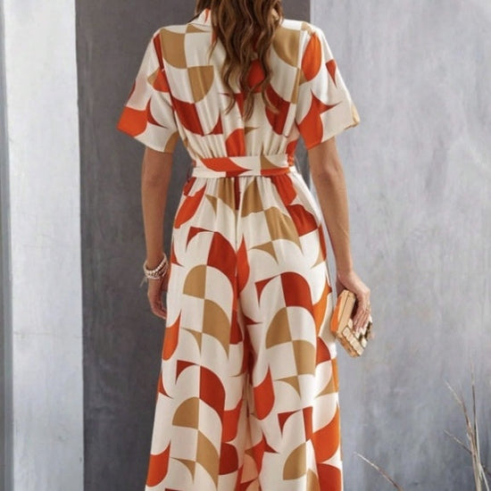 Women's Geometric Pattern Printed Lace Up Shirt Jumpsuit CJ