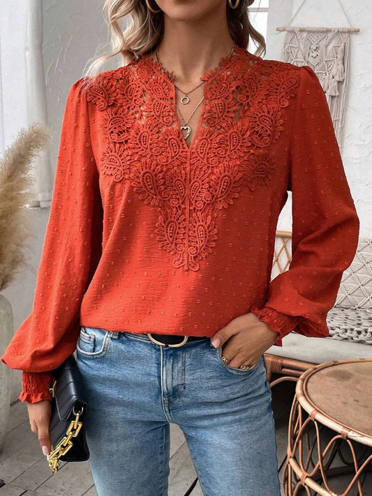Swiss Dot Lace Detail Notched Long Sleeve Blouse 