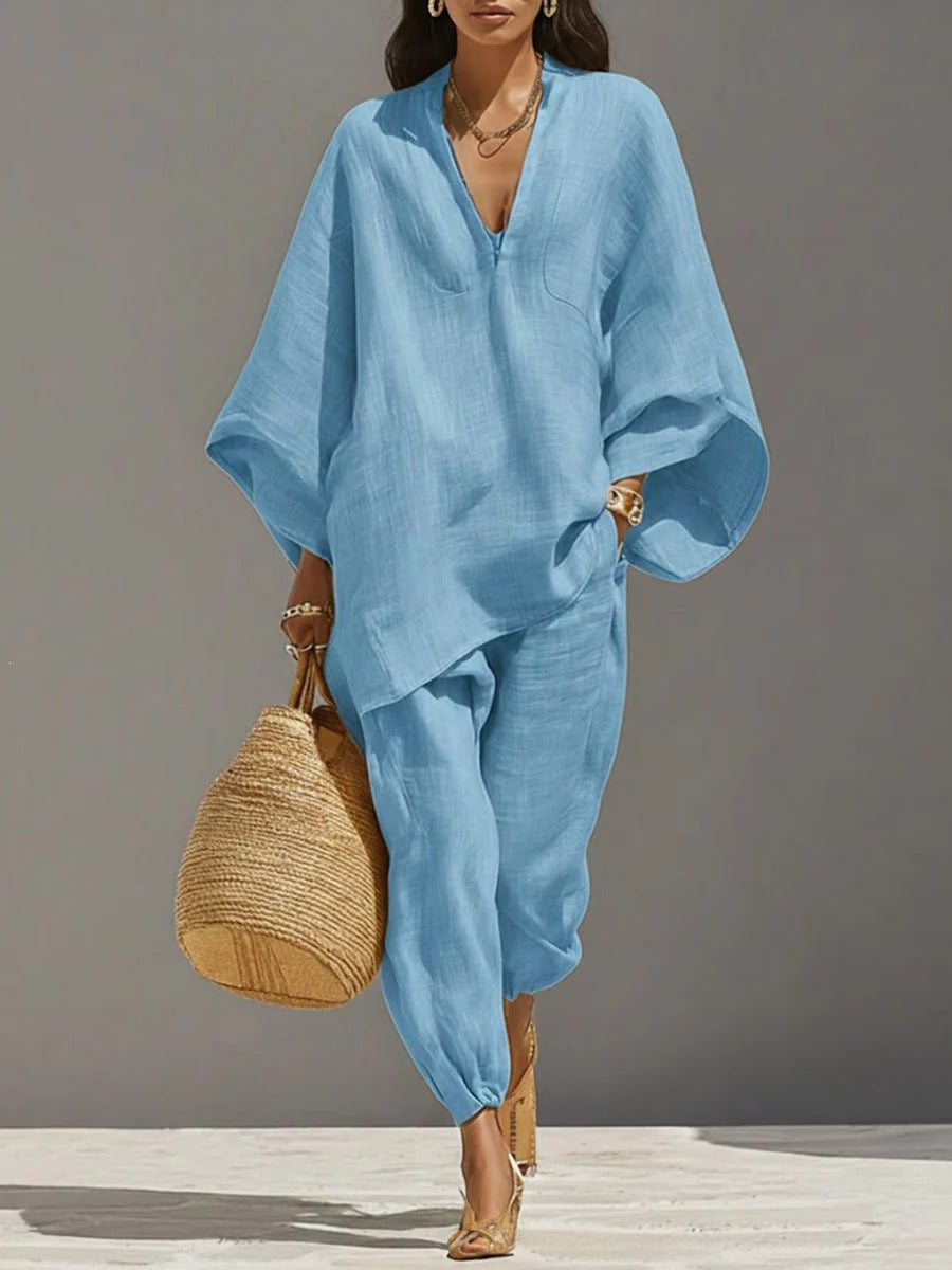Casual Relaxed Loose-Fitting Solid-Color Shirt Set 
