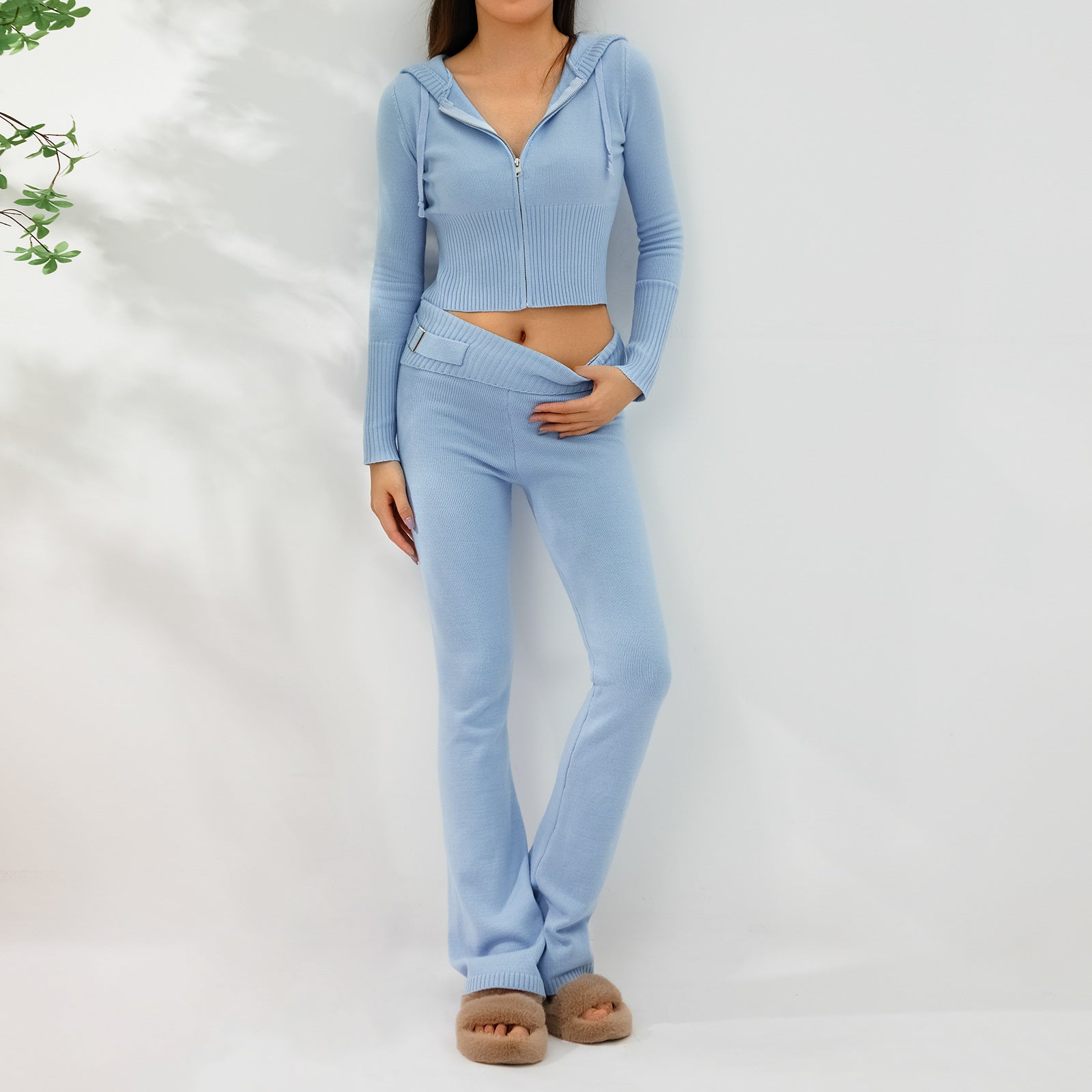 Women’s Knitted Hooded Two-Piece Set – Cardigan & High-Waisted Pants Suit