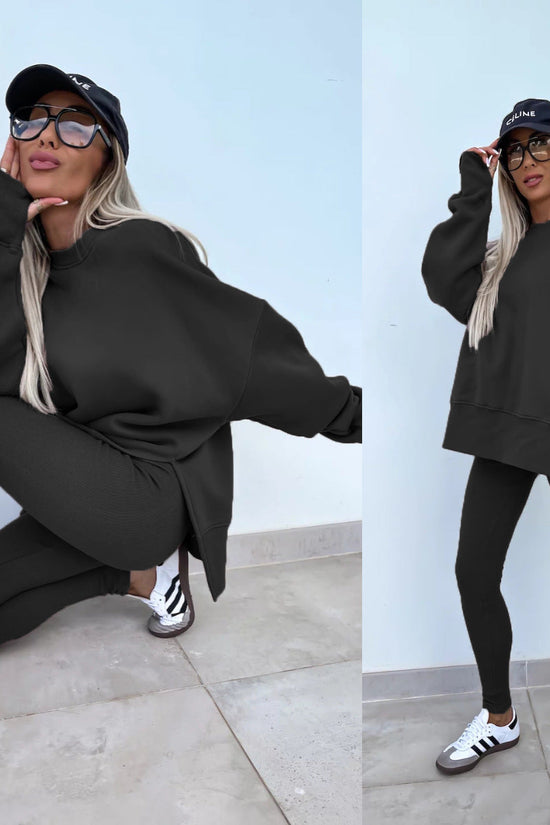 Sweater Suit Women's Casual Loose Long Sleeve Crew Neck Split Top Tight Trousers 